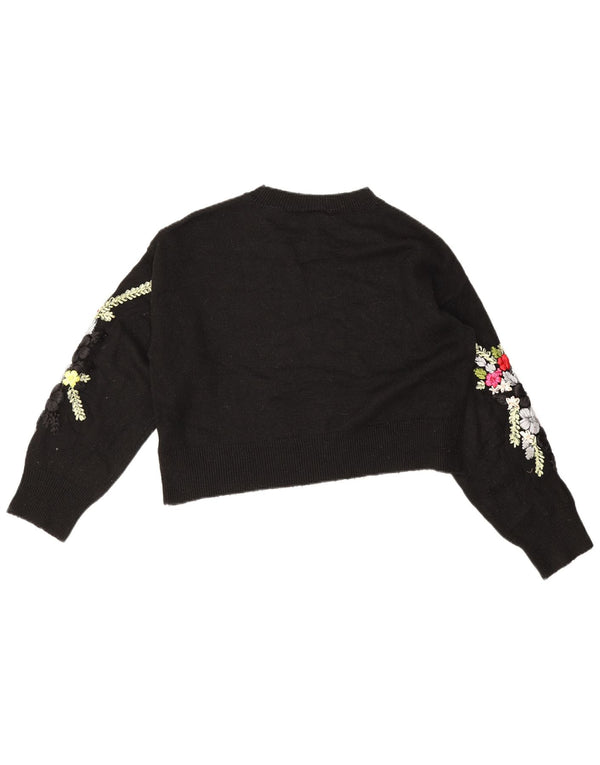 Topshop Womens Crop Boat Neck Jumper Sweater UK 10 Small Black Floral
