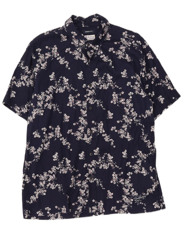 SUPERDRY Mens Short Sleeve Shirt Medium Navy Blue Floral Modal