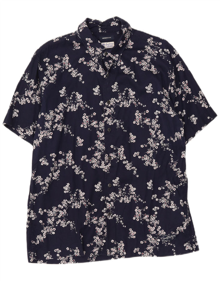 SUPERDRY Mens Short Sleeve Shirt Medium Navy Blue Floral Modal