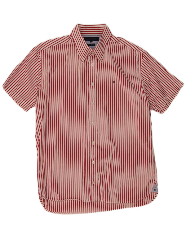 TOMMY HILFIGER Mens Short Sleeve Shirt Large Red Pinstripe Cotton 80s