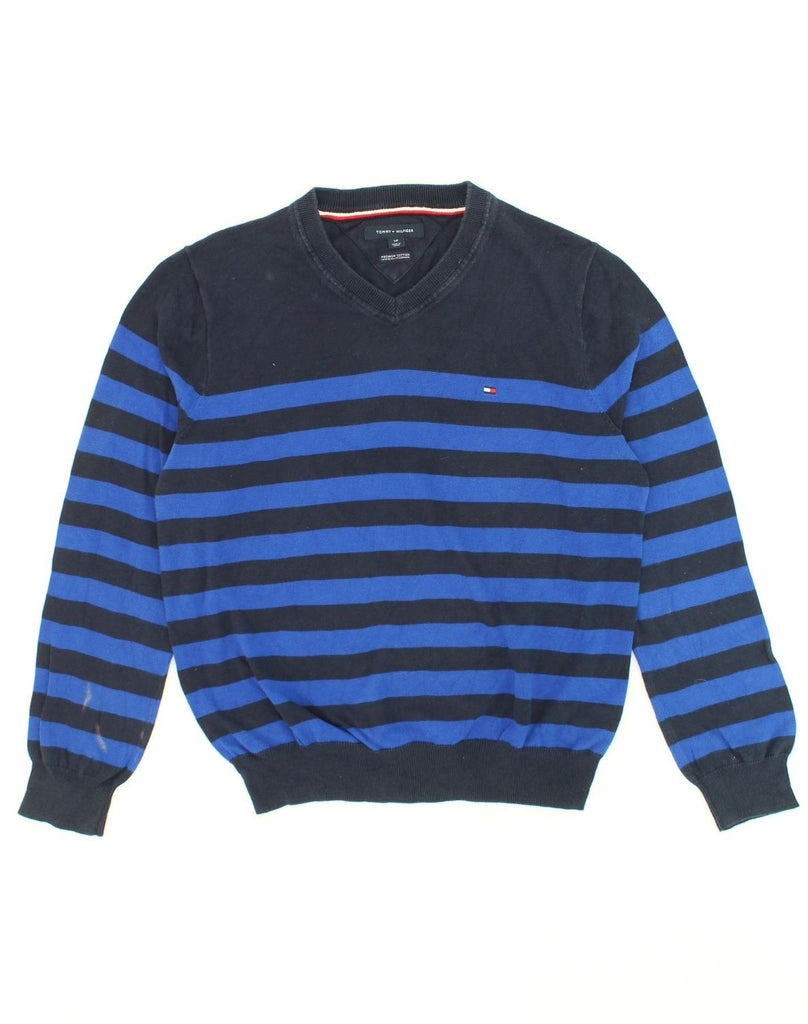 TOMMY HILFIGER Mens V-Neck Jumper Sweater Small Blue Striped Cotton | Vintage Tommy Hilfiger | Thrift | Second-Hand Tommy Hilfiger | Used Clothing | Messina Hembry 