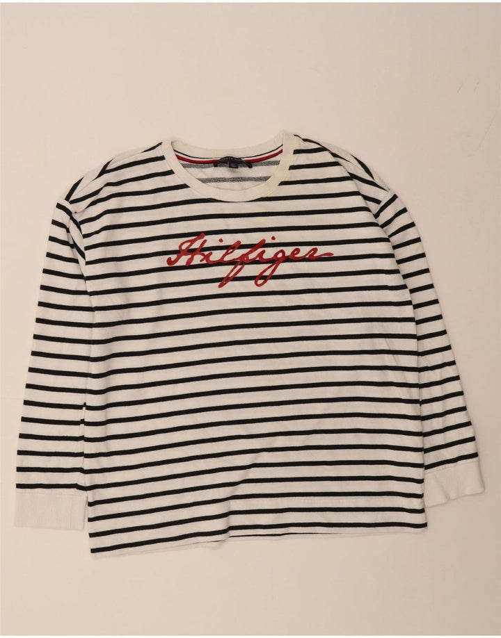 TOMMY HILFIGER Mens Graphic Sweatshirt Jumper Large White Striped Cotton Vintage Tommy Hilfiger and Second-Hand Tommy Hilfiger from Messina Hembry 