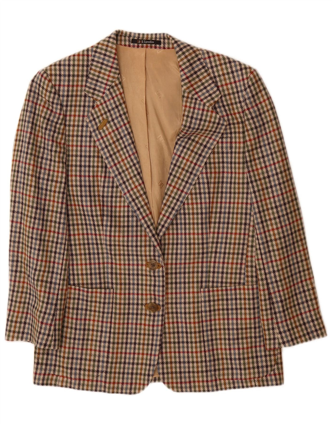 DAKS Womens Loose Fit 2 Button Blazer Jacket UK 10 Small Beige Houndstooth