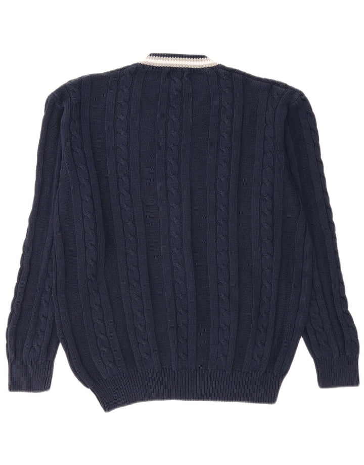 VINTAGE Mens V-Neck Jumper Sweater Large Navy Blue Cotton
