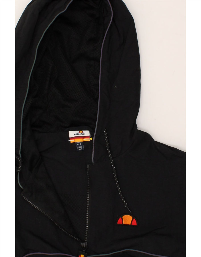 ELLESSE Womens Graphic Hooded Anorak Jacket UK 4 XS Black Cotton | Vintage Ellesse | Thrift | Second-Hand Ellesse | Used Clothing | Messina Hembry 