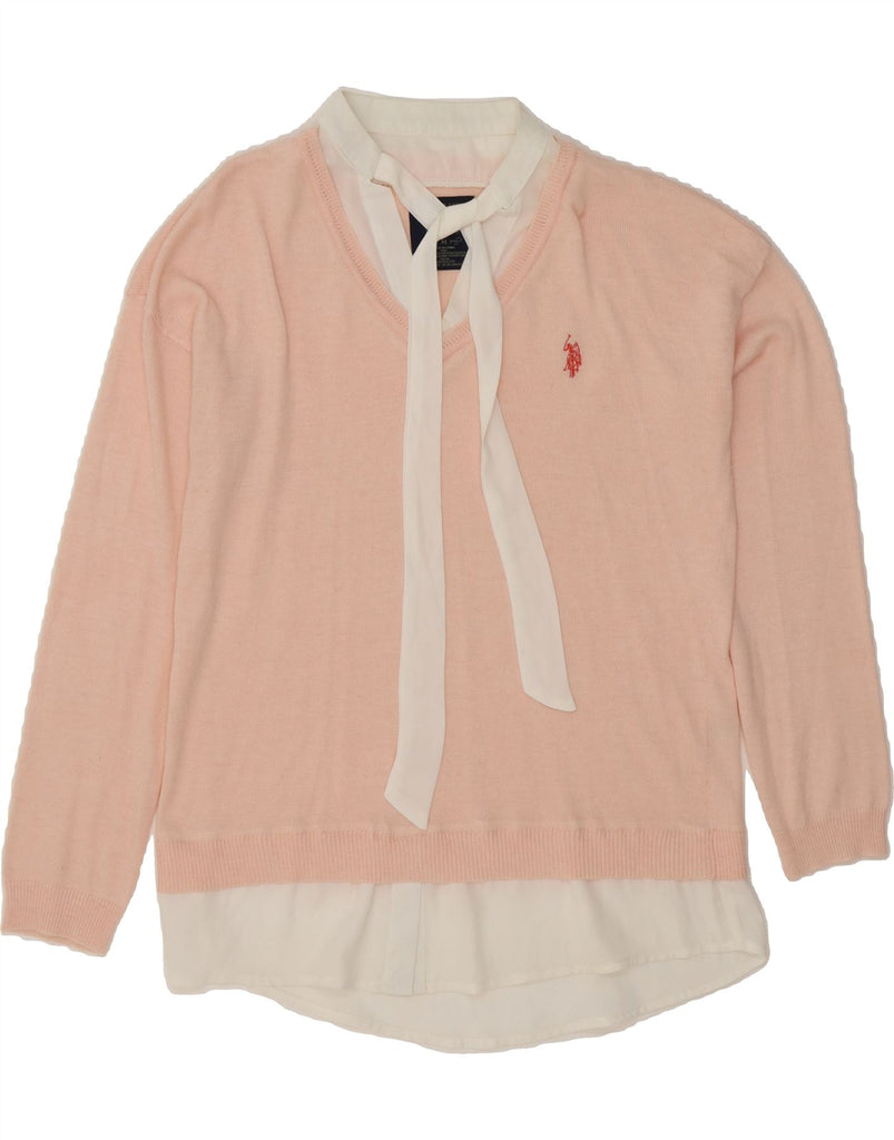 US POLO ASSN Womens V-Neck Jumper Sweater UK 14 Medium Pink Polyester Vintage US Polo Assn and Second-Hand US Polo Assn from Messina Hembry 