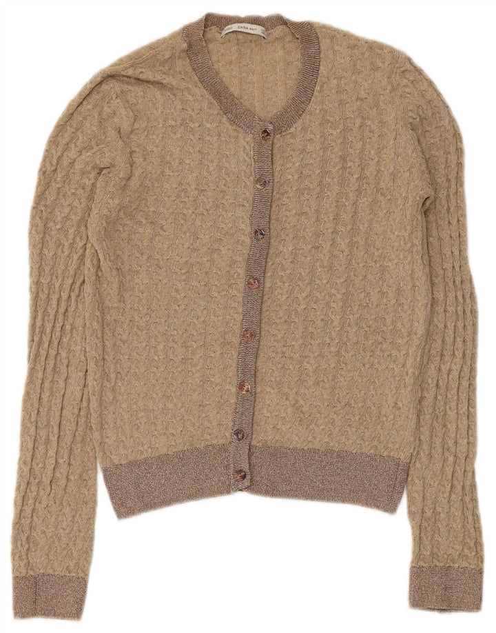 Zara Womens Crop Cardigan Sweater UK 8 Small Beige Polyester