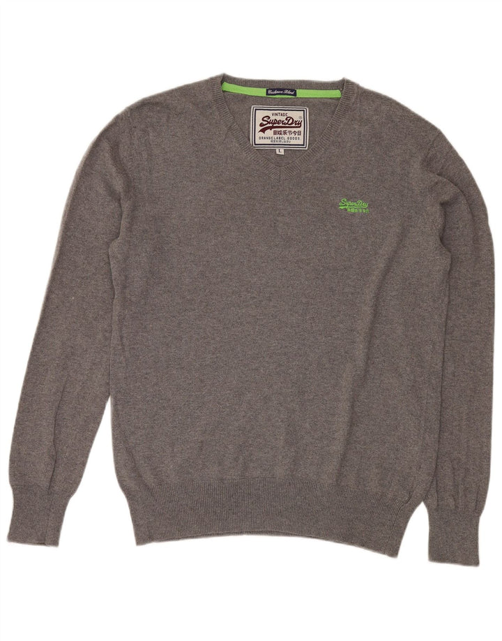 SUPERDRY Mens V-Neck Jumper Sweater Large Grey Cotton