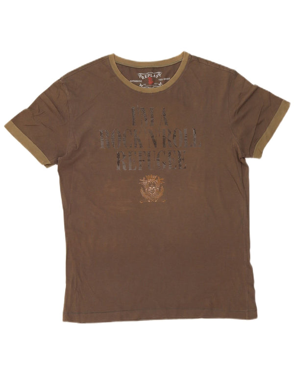 Replay Mens Graphic T-Shirt Top Large Khaki Cotton