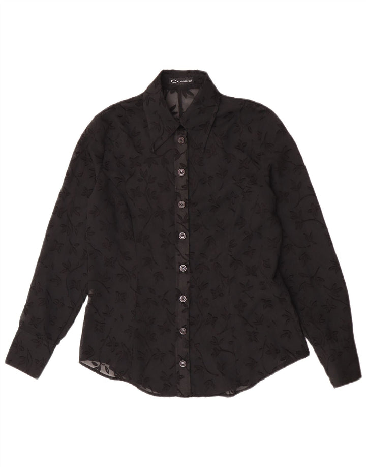 Vintage Womens See Through Shirt Blouse IT 44 Medium Black Floral Polyester