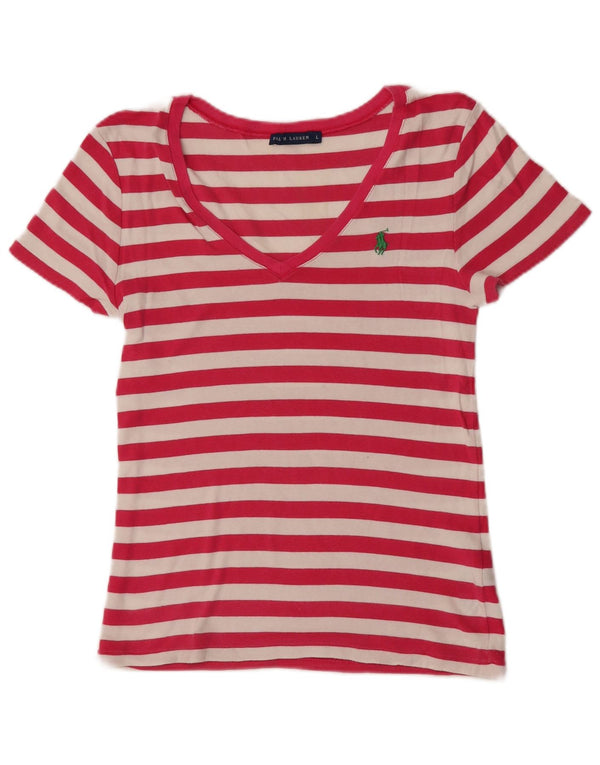 Ralph Lauren Womens T-Shirt Top UK 14 Large Pink Striped Cotton