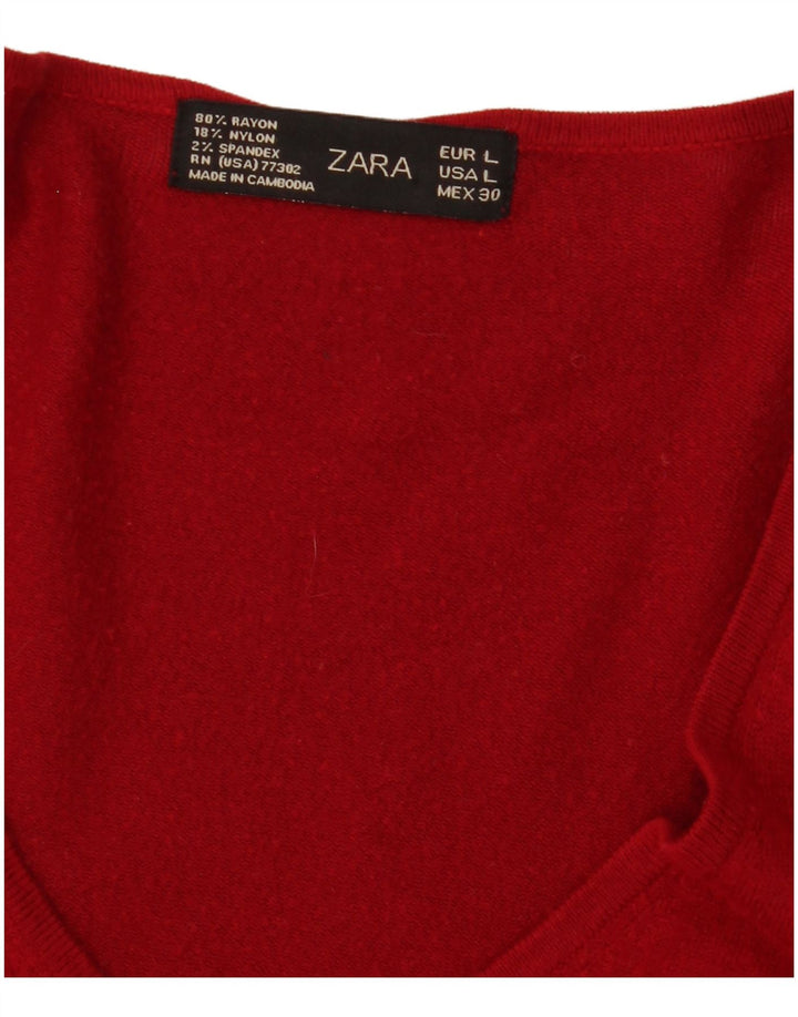 Zara Womens V-Neck Jumper Sweater UK 14 Large Red Rayon