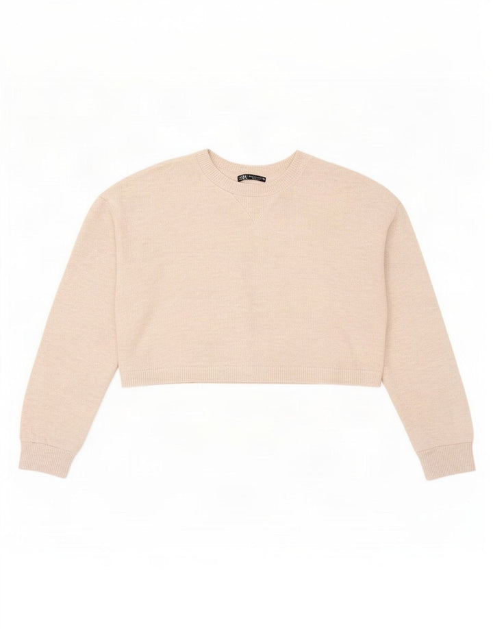 Zara Womens Crop Oversized Top Long Sleeve UK 10 Small Beige Polyester