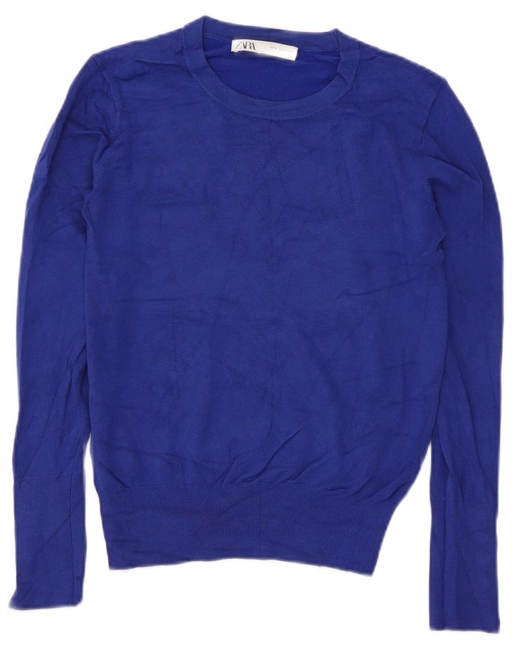 Zara Womens Crop Crew Neck Jumper Sweater UK 12 Medium Blue