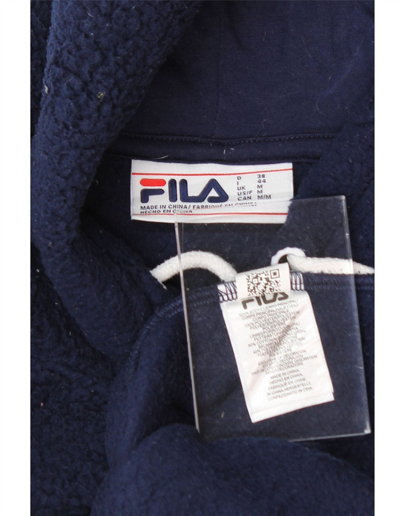 FILA Womens Graphic Hooded Fleece Jumper UK 14 Medium Navy Blue Polyester Vintage Fila and Second-Hand Fila from Messina Hembry 