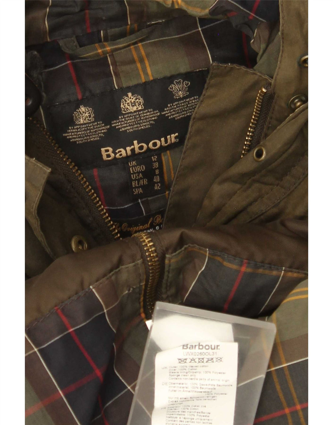 Barbour Womens Hooded Waxed Cotton Jacket UK 12 Medium Khaki