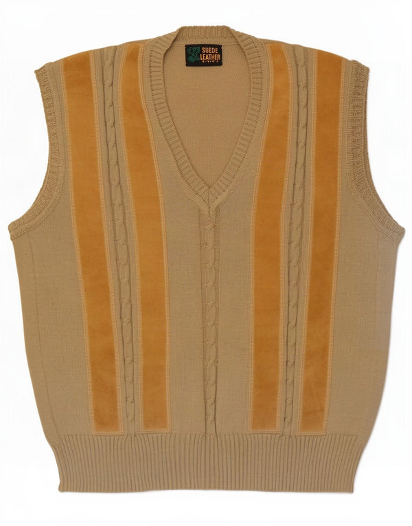 Vintage Mens Vest Tank Top Large Beige Striped