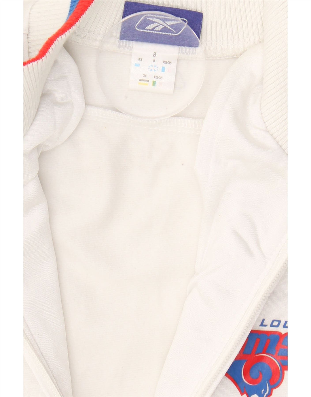 REEBOK Womens St. Louis Rams Graphic Tracksuit Top Jacket UK 8 Small White Vintage Reebok and Second-Hand Reebok from Messina Hembry 
