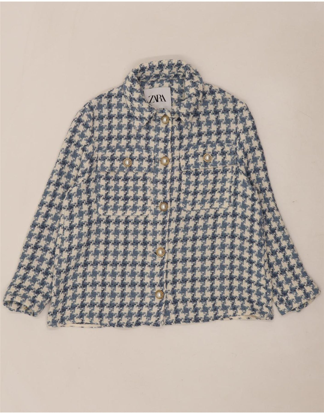 Zara Womens Oversized Bomber Jacket UK 10 Small Blue Houndstooth Cotton