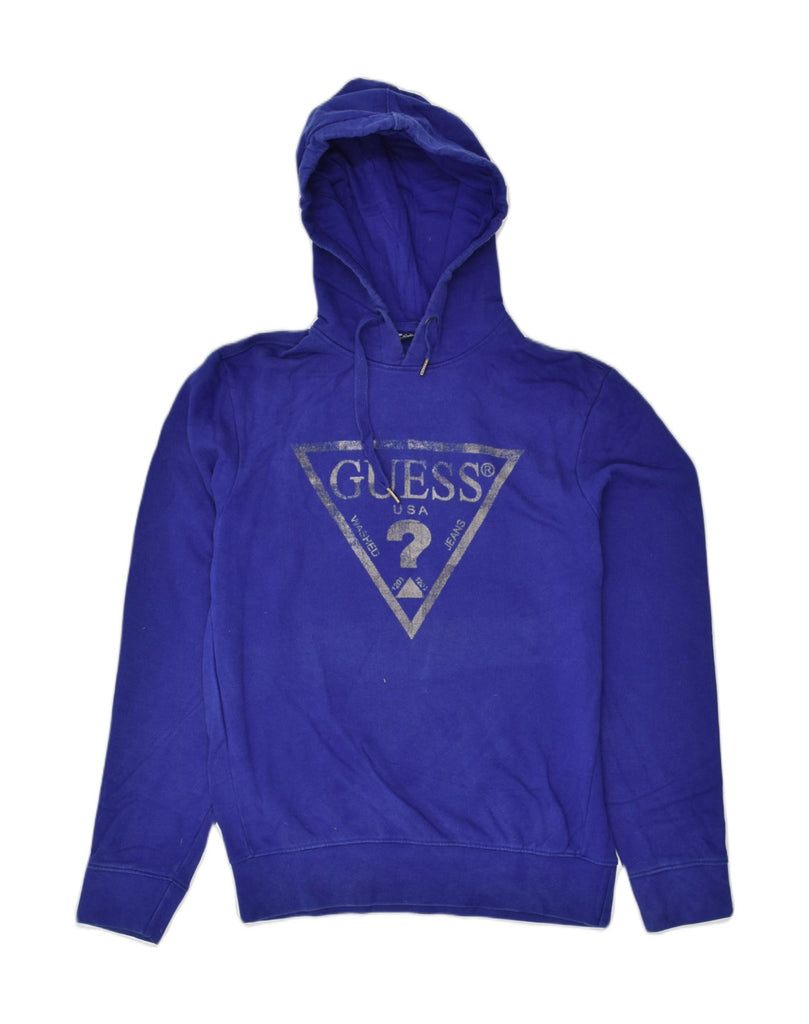 GUESS Mens Graphic Hoodie Jumper Small Blue Cotton | Vintage Guess | Thrift | Second-Hand Guess | Used Clothing | Messina Hembry 