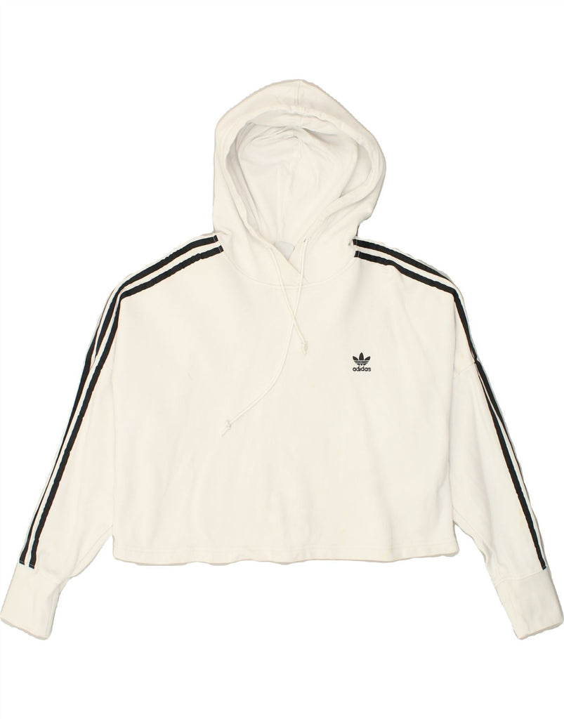 ADIDAS Womens Crop Hoodie Jumper UK 12 Medium White Cotton | Vintage Adidas | Thrift | Second-Hand Adidas | Used Clothing | Messina Hembry 