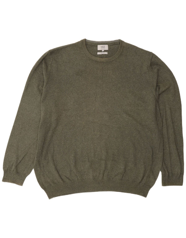 Marks & Spencer Mens Crew Neck Jumper Sweater 2XL Green Cotton