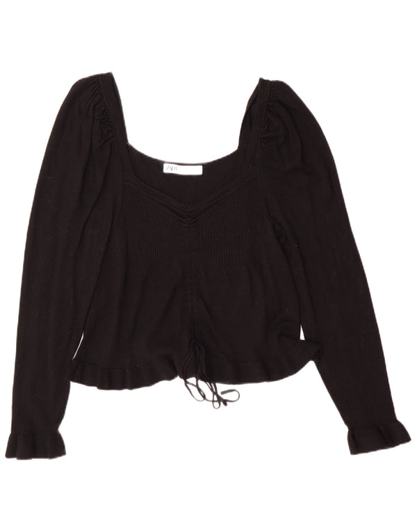 Zara Womens Crop Top Long Sleeve UK 14 Large Black Viscose