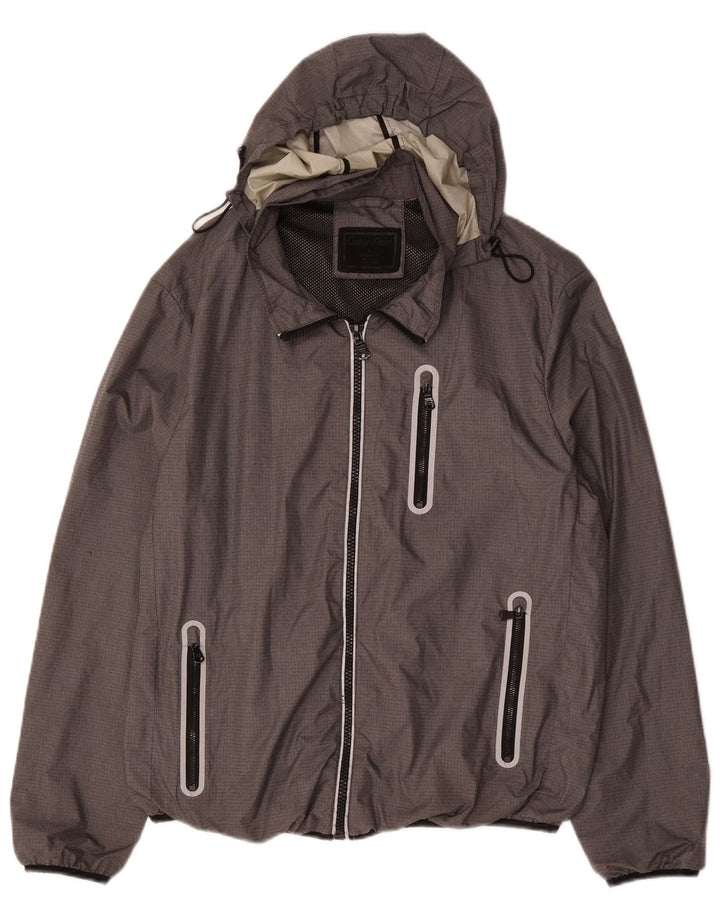 Calvin Klein Mens Graphic Hooded Rain Jacket UK 40 Large Grey Polyester