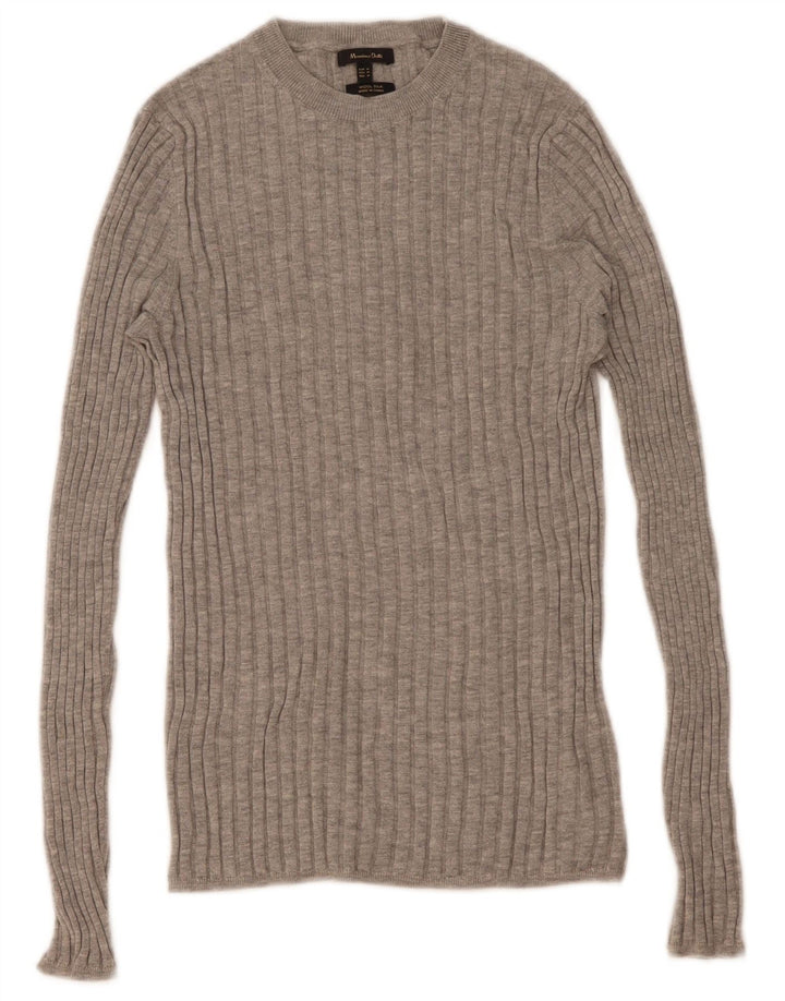 Massimo Dutti Womens Crew Neck Jumper Sweater UK 12 Medium Grey Wool