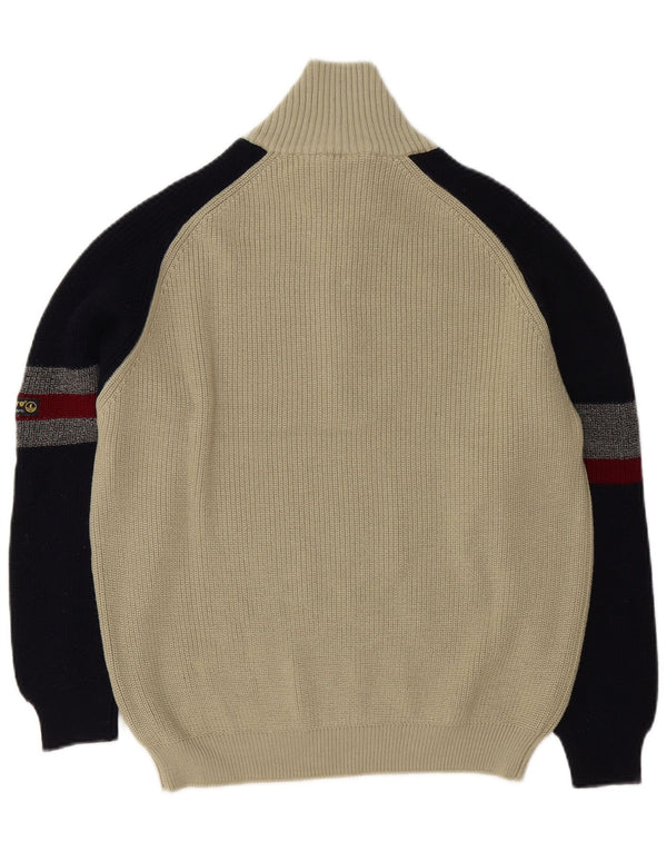 Navigare Mens Zip Neck Jumper Sweater Medium Beige Colourblock Virgin Wool