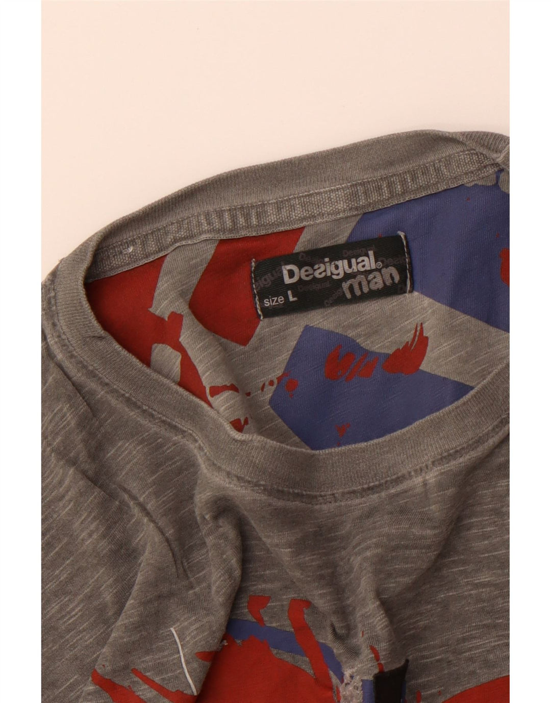 DESIGUAL Mens Graphic T-Shirt Top Large Grey Flecked