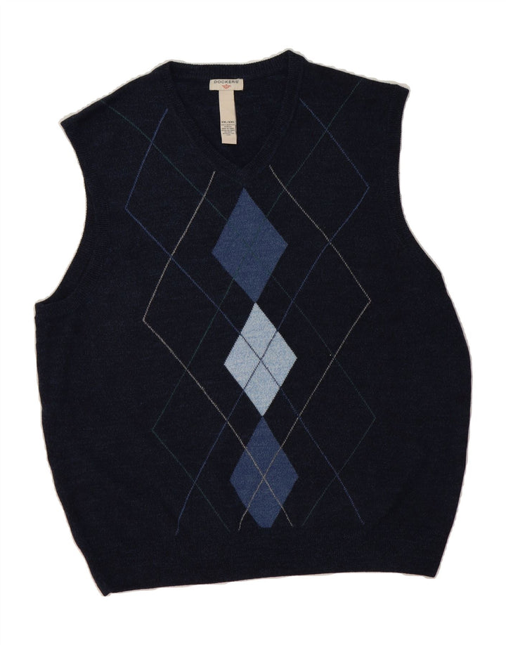 DOCKERS Mens Vest Tank Top 2XL Navy Blue Argyle/Diamond Acrylic Vintage Dockers and Second-Hand Dockers from Messina Hembry 