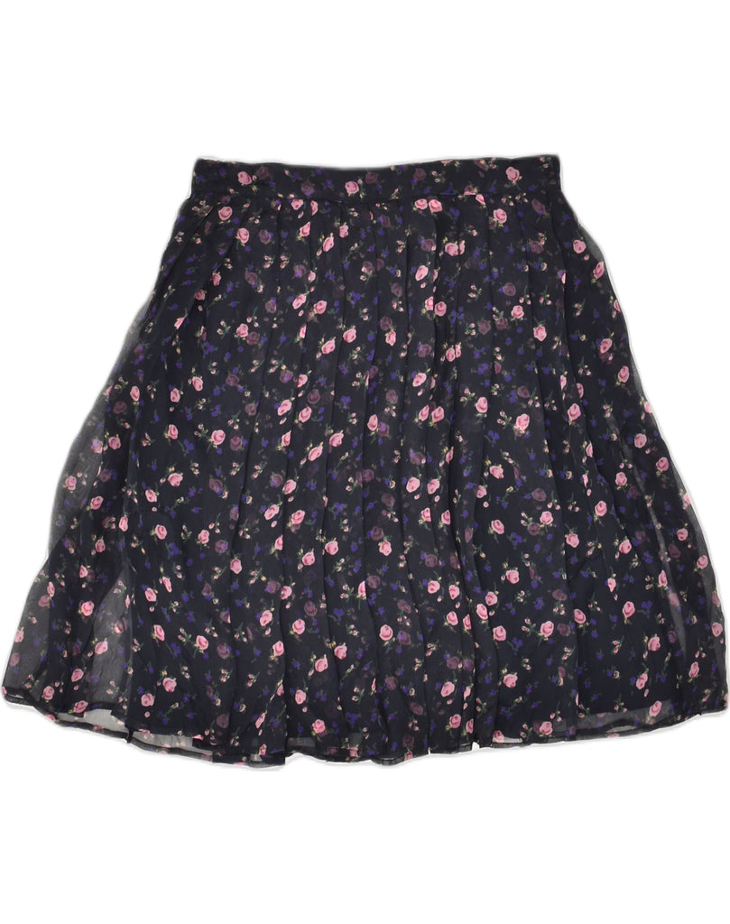 EASY Womens Pleated Skirt UK14 Medium W28  Navy Blue Floral Silk | Vintage Easy | Thrift | Second-Hand Easy | Used Clothing | Messina Hembry 