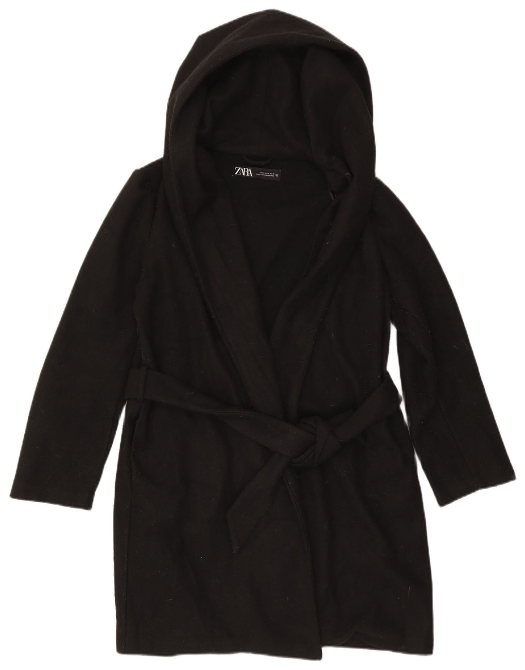 Zara Womens Hooded Overcoat UK 14 Medium Black Polyester