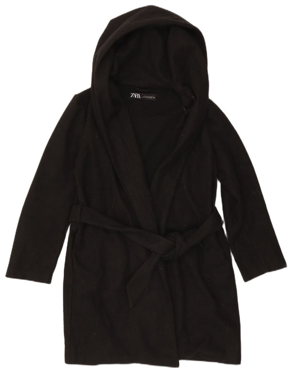 Zara Womens Hooded Overcoat UK 14 Medium Black Polyester