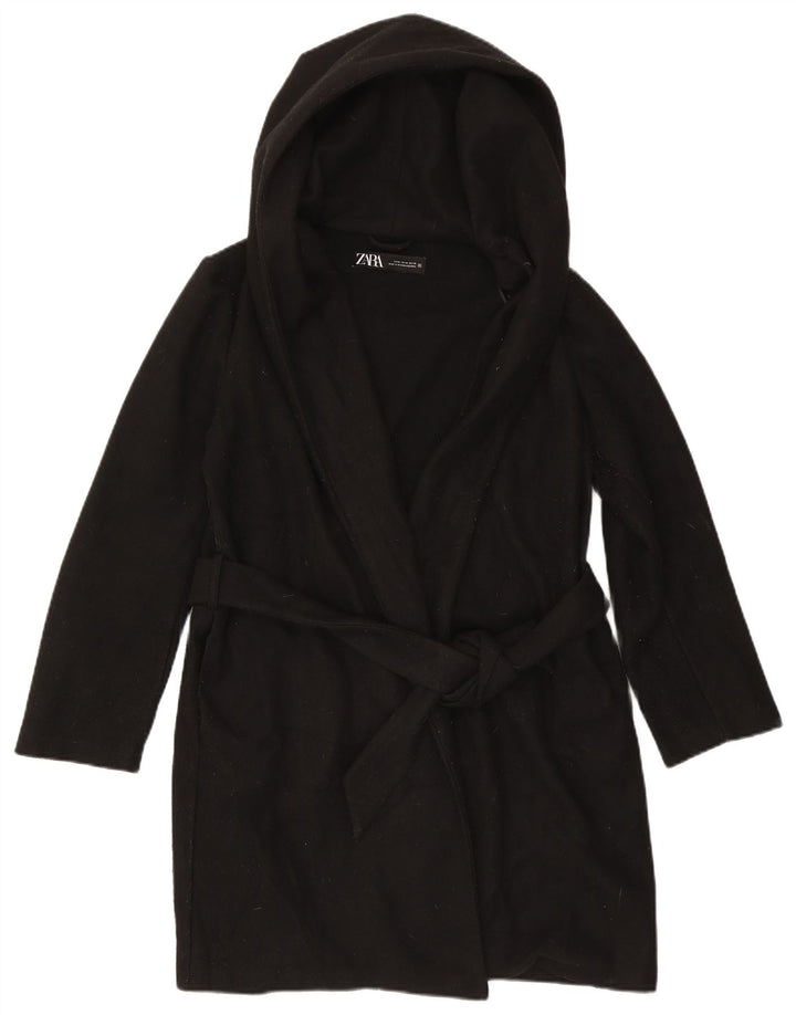 Zara Womens Hooded Overcoat UK 14 Medium Black Polyester