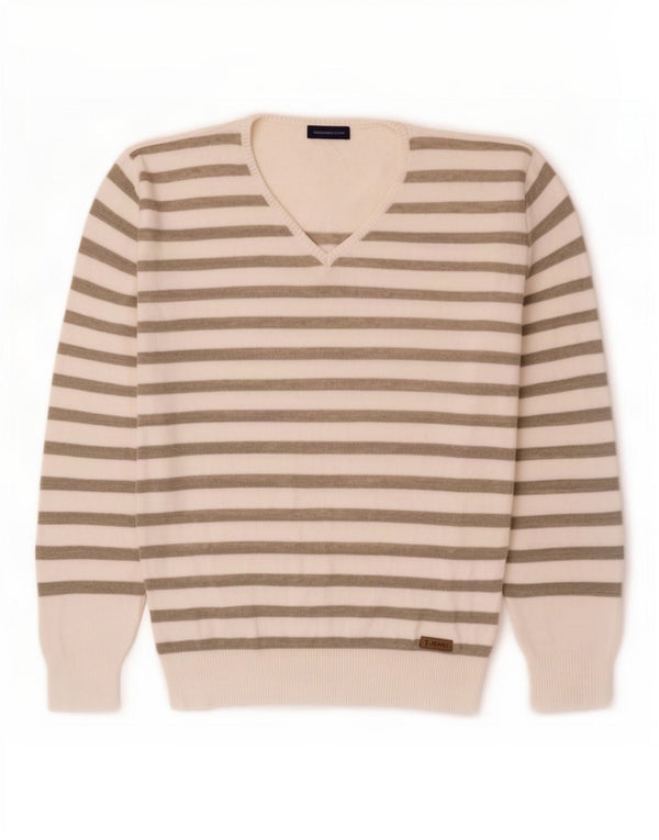 Trussardi Jeans Womens V-Neck Jumper Sweater UK 16 Large White Striped