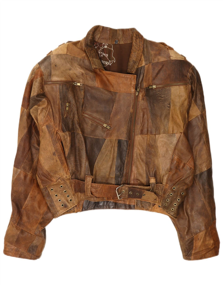 Vintage Womens Bomber Leather Jacket UK 16 Large Brown Patchwork