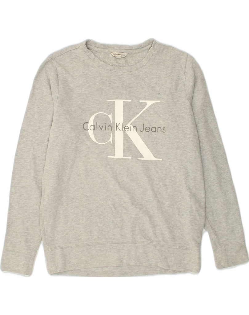 CALVIN KLEIN Womens Graphic Sweatshirt Jumper UK 6 XS Grey Cotton | Vintage Calvin Klein | Thrift | Second-Hand Calvin Klein | Used Clothing | Messina Hembry 