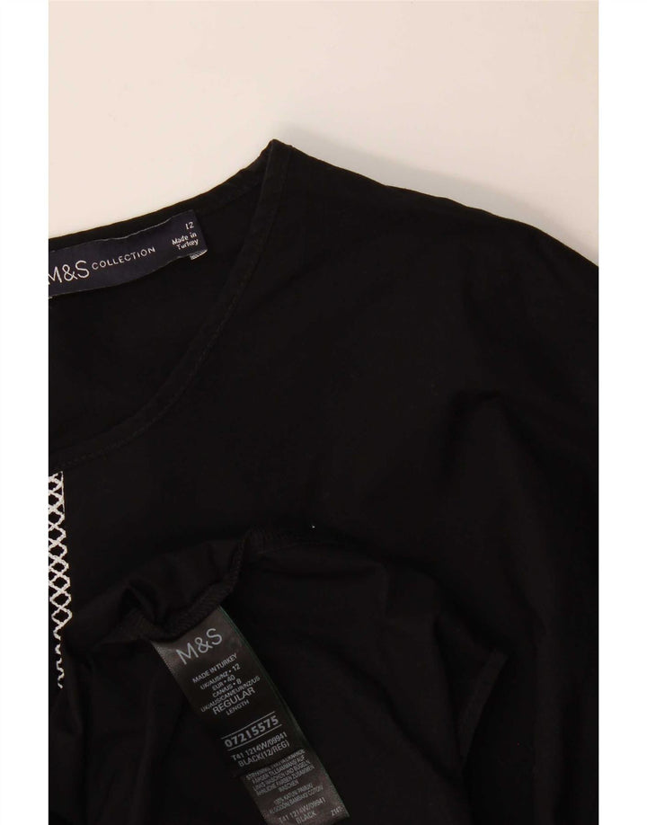 Marks & Spencer Womens Long Sleeve Blouse Top UK 12 Medium Black Cotton
