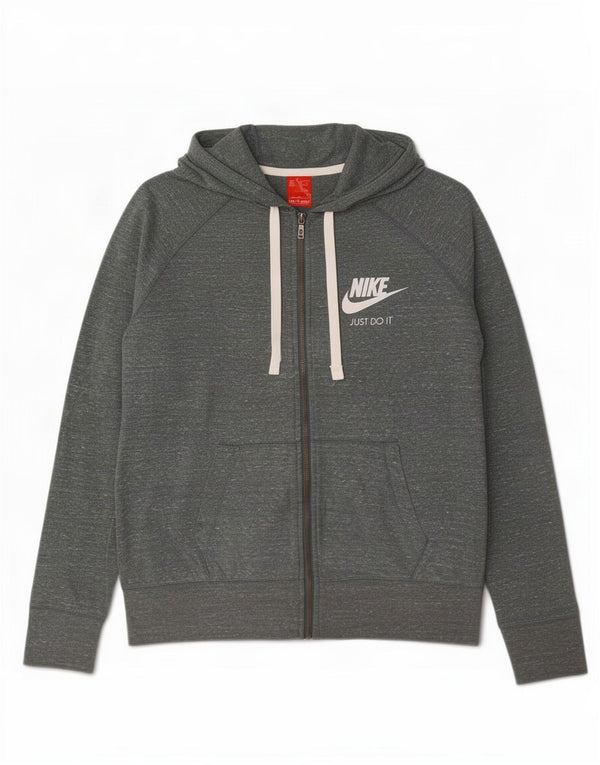 Nike Womens Zip Hoodie Sweater UK 14 Medium Grey Flecked Cotton