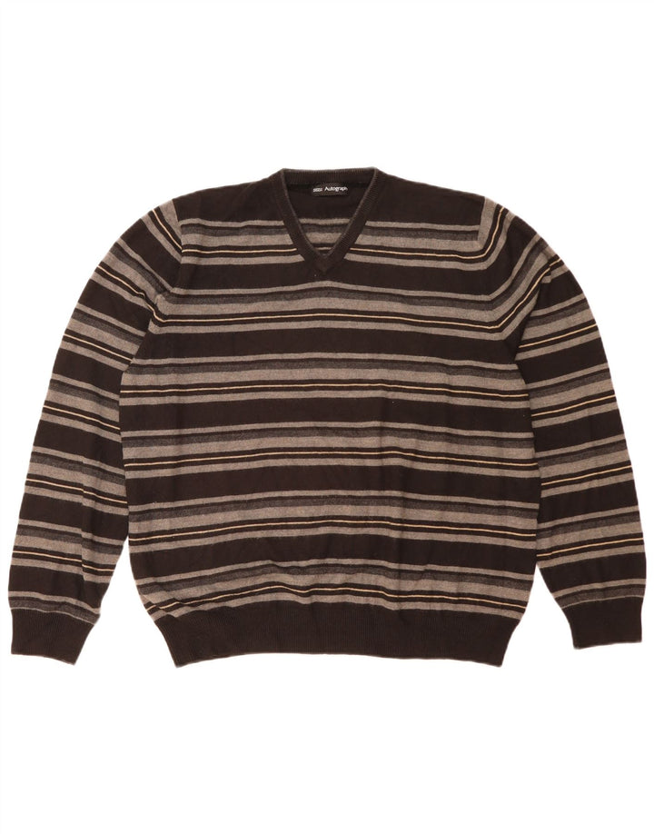 Marks & Spencer Mens Autograph V-Neck Jumper Sweater XL Black Striped