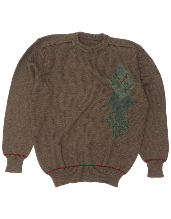 Vintage Mens Crew Neck Jumper Sweater Large Khaki Argyle/Diamond