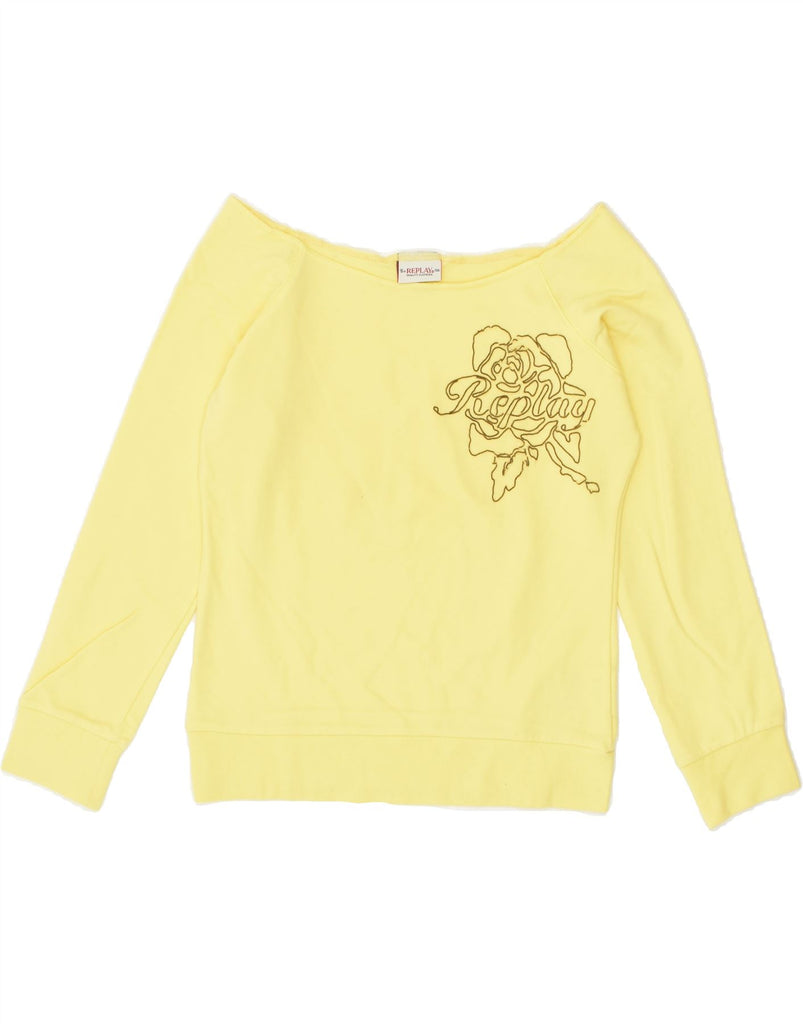 REPLAY Womens Graphic Sweatshirt Jumper UK 12 Medium Yellow Cotton | Vintage Replay | Thrift | Second-Hand Replay | Used Clothing | Messina Hembry 