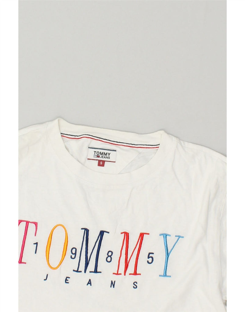 TOMMY JEANS Womens Graphic T-Shirt Top UK 10 Small White Cotton | Vintage Tommy Jeans | Thrift | Second-Hand Tommy Jeans | Used Clothing | Messina Hembry 