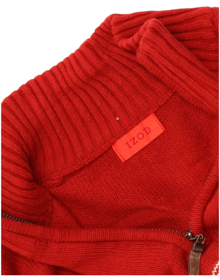 IZOD Mens Zip Neck Jumper Sweater Medium Red Fair Isle