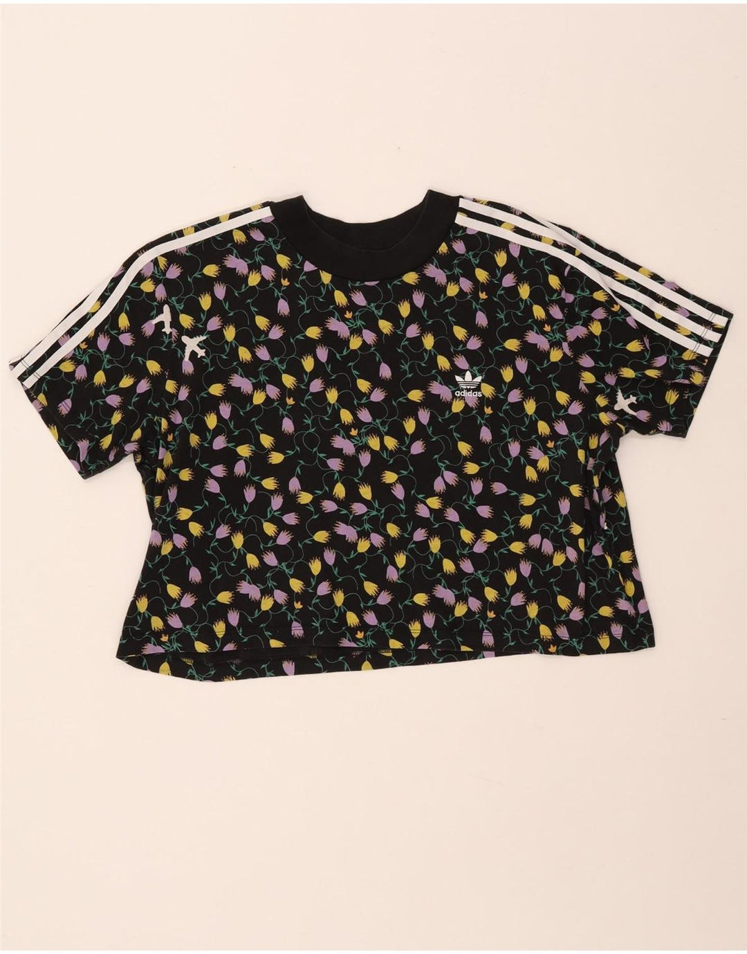 ADIDAS Womens Crop Graphic T-Shirt Top UK 18 XL Black Floral Cotton