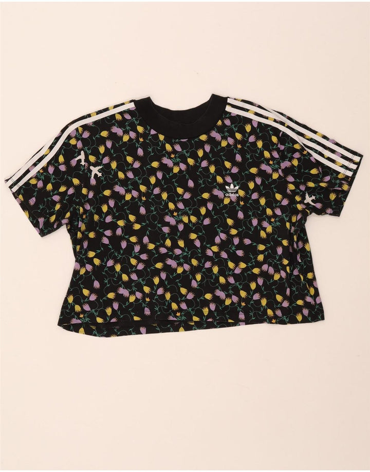 ADIDAS Womens Crop Graphic T-Shirt Top UK 18 XL Black Floral Cotton