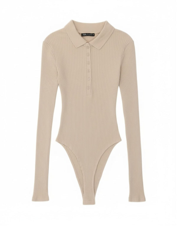 Zara Womens Long Sleeve Bodysuit UK 8 Small Beige Cotton