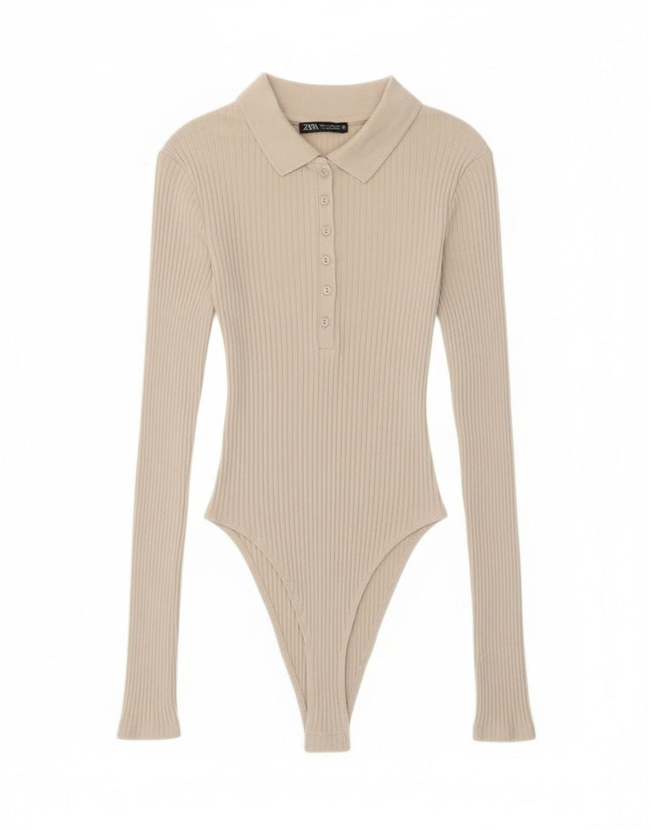 Zara Womens Long Sleeve Bodysuit UK 8 Small Beige Cotton